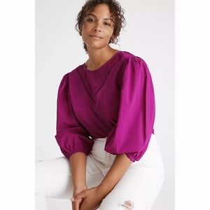 Farm Rio Anthropologie Sz M Lace Kelsie Blouse in Purple Fuchsia Puff Sleeve Top
